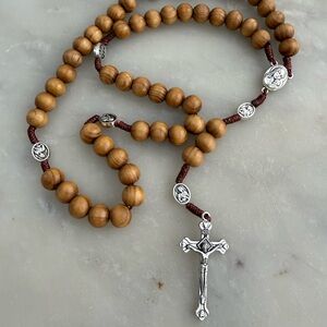 Wooden Bead Rosary with Silvery Cross